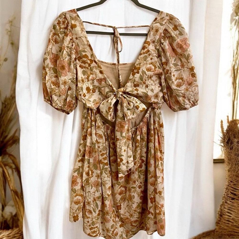 DRESS FORUM BOHO FLORAL MINI DRESS PUFF SLEEVES AND BOW COASTAL COWGIRL LARGE - Picture 7 of 16